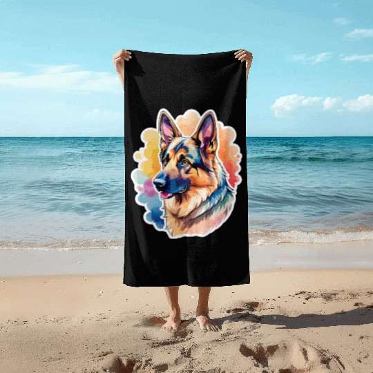 German Shepherd Watercolor Beach Towels