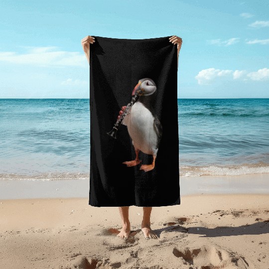 Atlantic Puffin Playing Clarinet Realistic Beach Towels