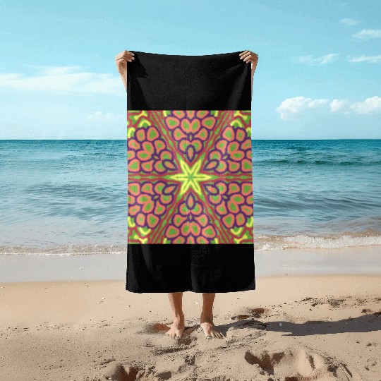 yellow orange red green purple mandala Beach Towels