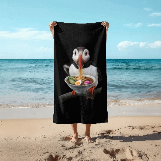 Atlantic Puffin Eating Ramen Realistic Beach Towels