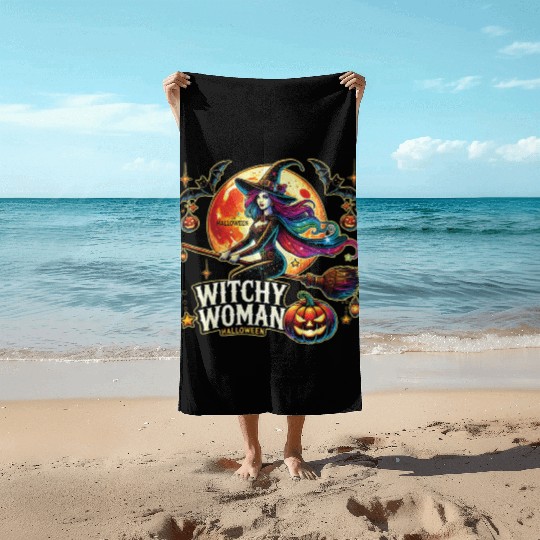 Couple Halloween Husband Witchy Woman Halloween Beach Towels