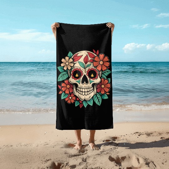 Vintage Retro Halloween Sugar Skull with floral Beach Towels
