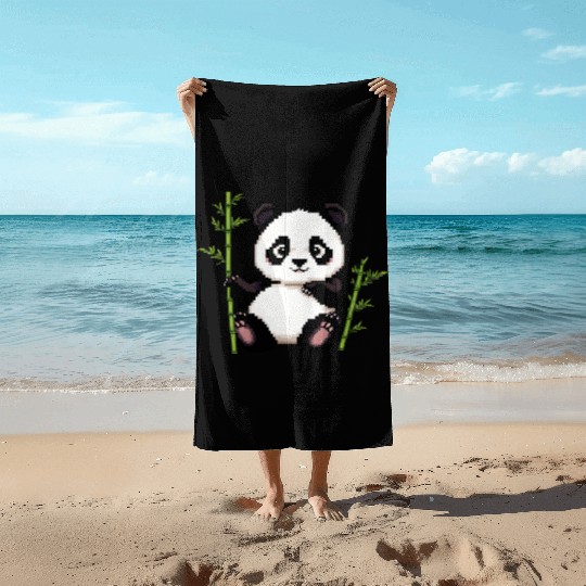 A pixel art of a panda with a bamboo leaf Beach Towels