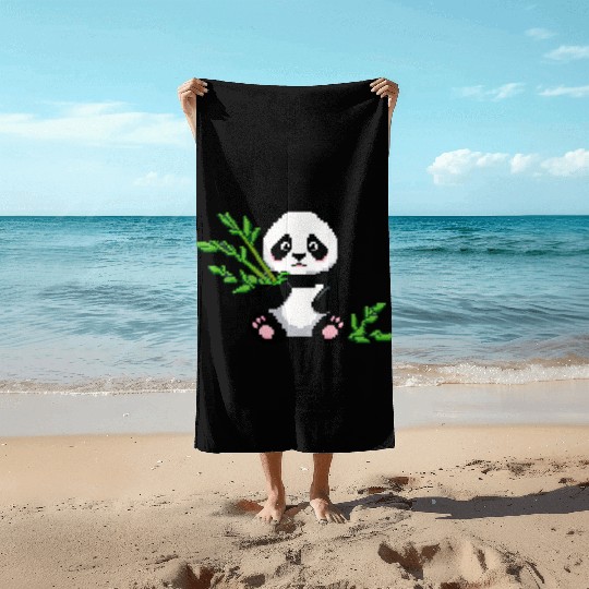 A pixel art of a panda with a bamboo leaf Beach Towels