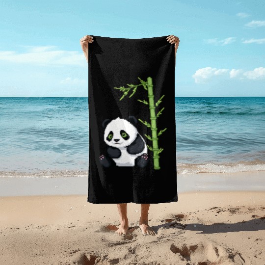 A pixel art of a panda with a bamboo leaf Beach Towels