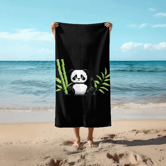 A pixel art of a panda with a bamboo leaf Beach Towels