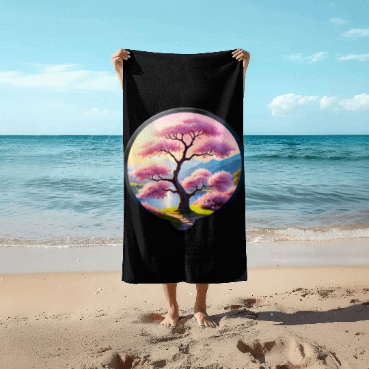 Blooming Cherry Blossom by Riverbank Beach Towels