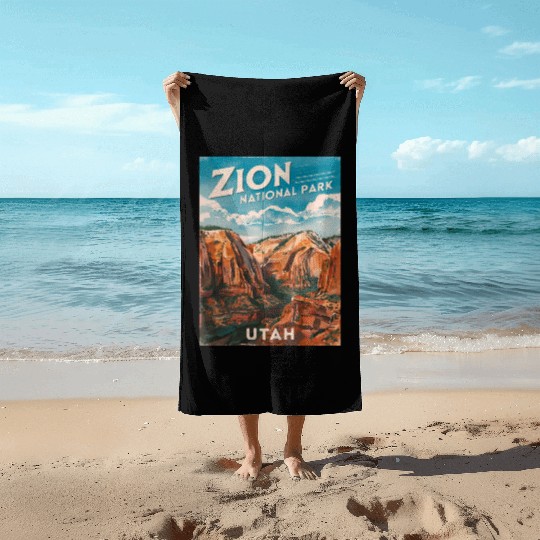 Vintage Travel Zion National Park Utah Landscape Beach Towels