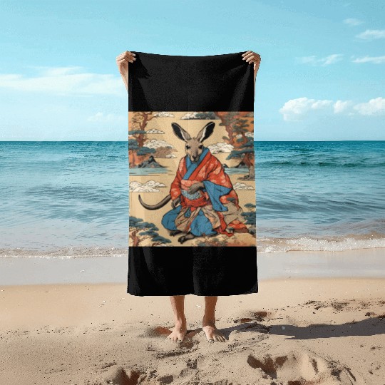 Retro Ukiyo-e Style Kangaroo Caricature Beach Towels
