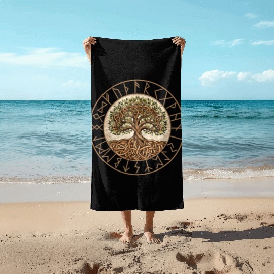 Viking runes tree of Life round frame celtic Beach Towels