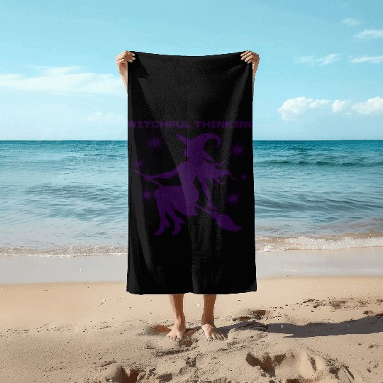 Purple Witch Flying on a Broom Halloween Beach Towels