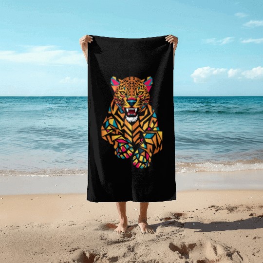 Colorful Geometric Jaguar Illustration Beach Towels