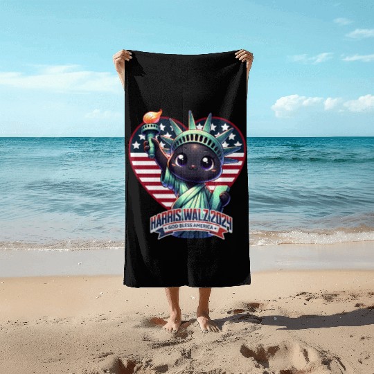 Cute Cat as Statue of Liberty with Harris Walz Beach Towels