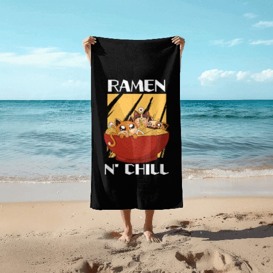 Cute Kawaii Cat Ramen Bowl Japanese Noodle Soup Beach Towels