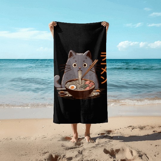 Japanese Cat Eating Ramen Beach Towels