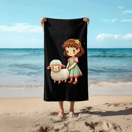 Girl with Cute Lamb Beach Towels