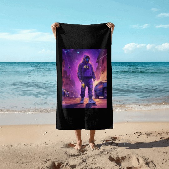 Hooded Figure in Futuristic Streetwear Beach Towels