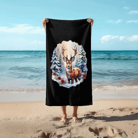 Christmas Deer with Poinsettia and Snow Beach Towels