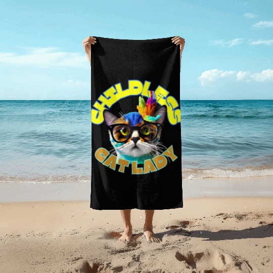 Colorful Cat with Glasses - Childless Cat Lady Beach Towels