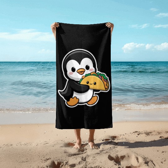 Cute Penguin Hugging Taco Kawaii Food Love Beach Towels