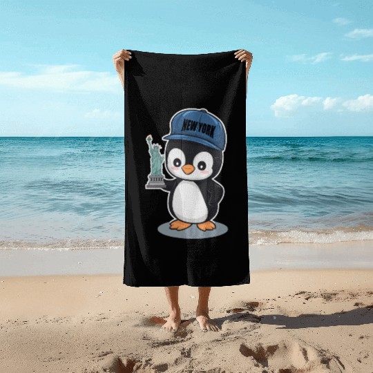 New York Penguin Holding Statue Of Liberty Beach Towels