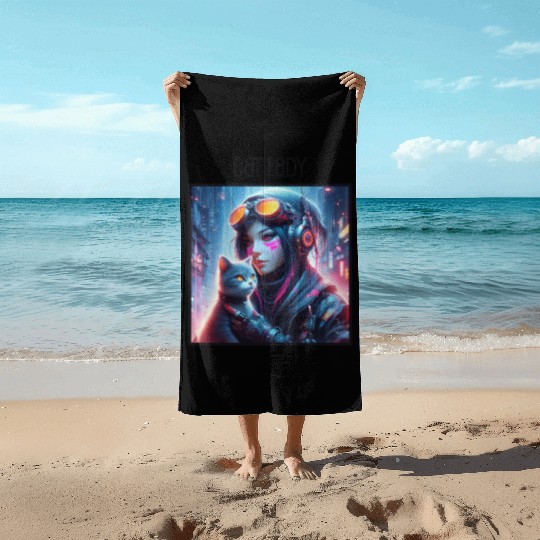 Cat Lady (Cyberpunk) Street Art v3 Beach Towels