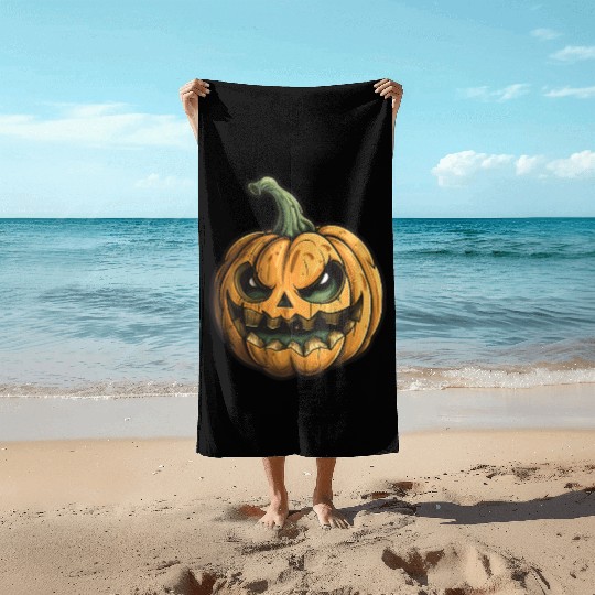 Grinning Green Stem Jack-O-Lantern Beach Towels