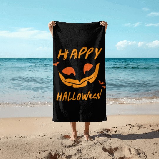 "Happy Halloween" Orange Design on Black Beach Towels