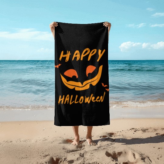 "Happy Halloween" Orange Design on Black Beach Towels