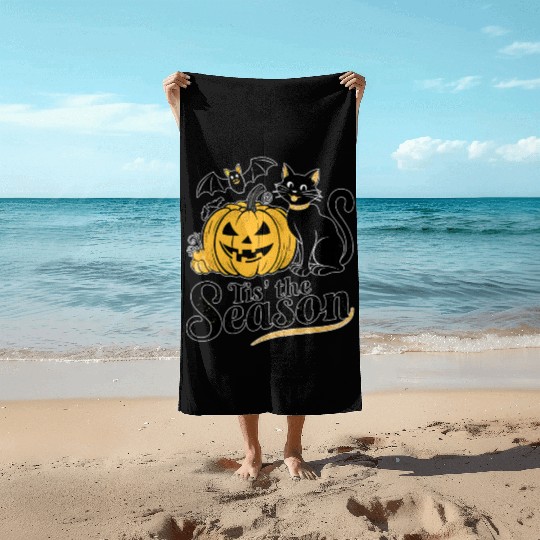 Tis the season Halloween bats pumpkin fall funny Beach Towels