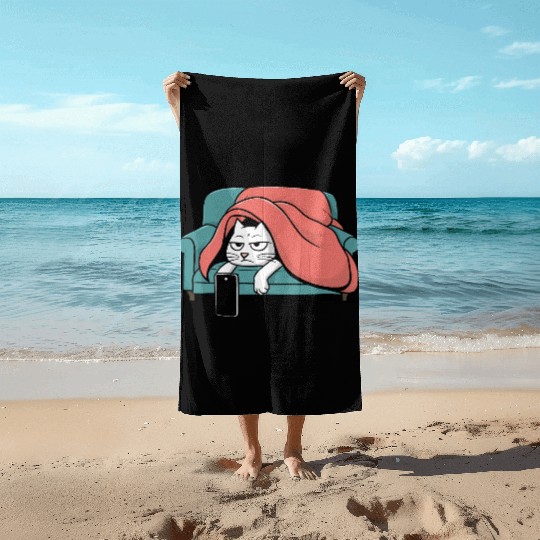 Bored Cat on Couch With Smart Phone Beach Towels