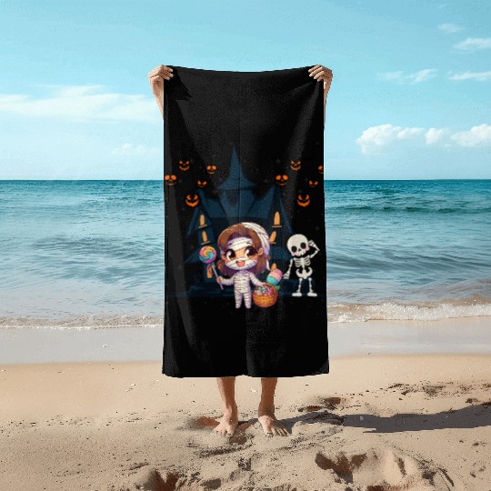 Friendly mummy and skeleton illustration Beach Towels
