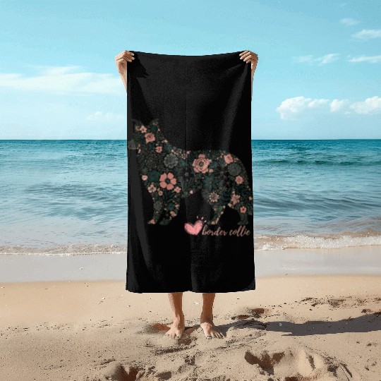 Floral Border Collie Art Beach Towels