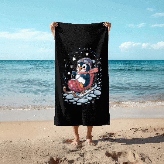 Cute Penguin Sledding Adventure Beach Towels
