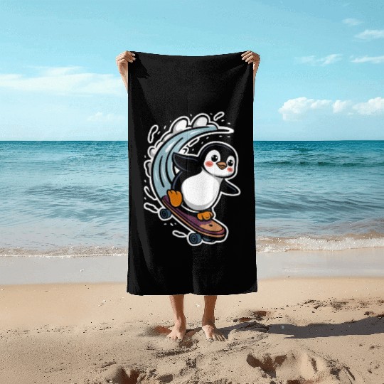 Penguin Skateboarding Adventure Fun Beach Towels