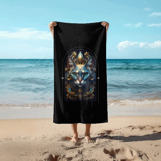 Elegant stylish blue and gold cat face Beach Towels