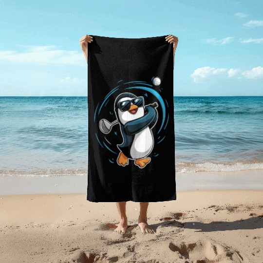 Penguin Golfer Swinging Club Fun Golf Art Beach Towels