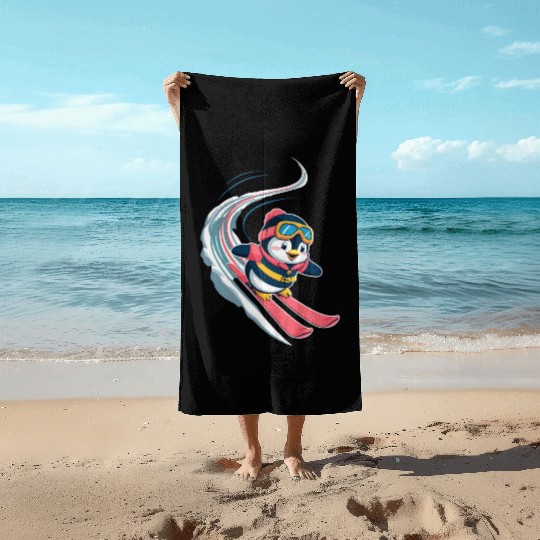 Penguin Skier in Action with Goggles and Scarf Beach Towels