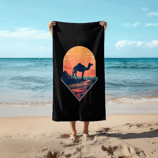 Camel at Sunset with Pyramid Design Beach Towels