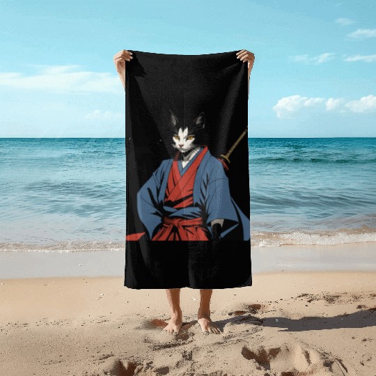 Samurai Cat Beach Towels