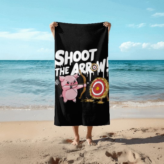 A pink piglet aiming a bow an arrow Beach Towels