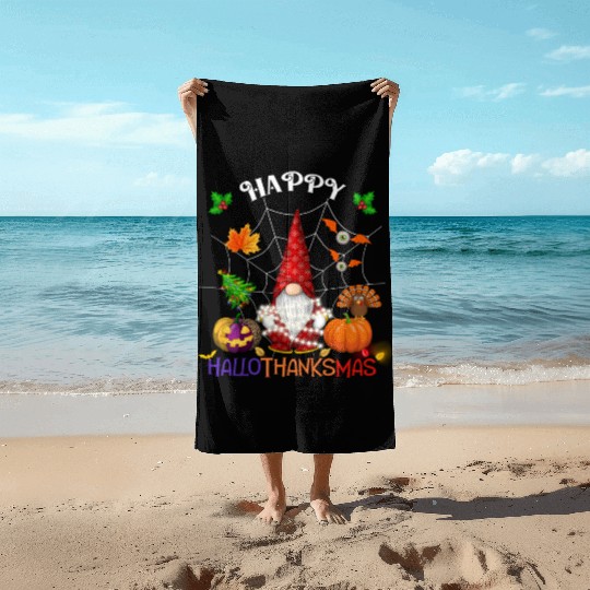 Happy HalloThanksMas Gnome Beach Towels