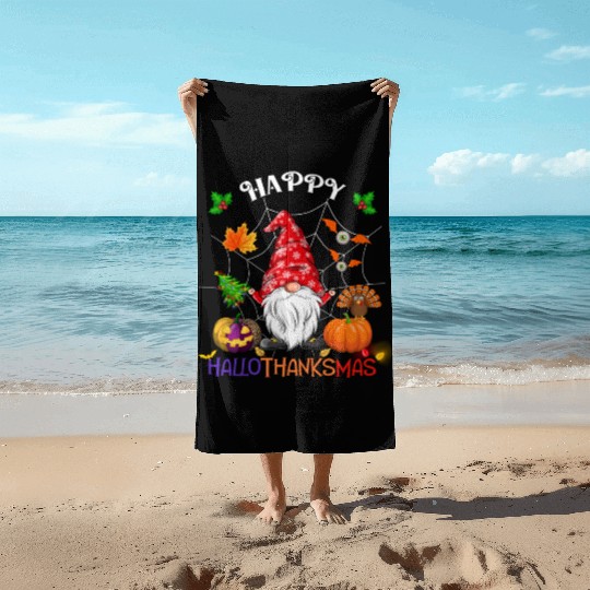 Happy HalloThanksMas Gnome Beach Towels