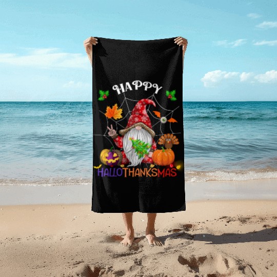 Happy HalloThanksMas Gnome Beach Towels