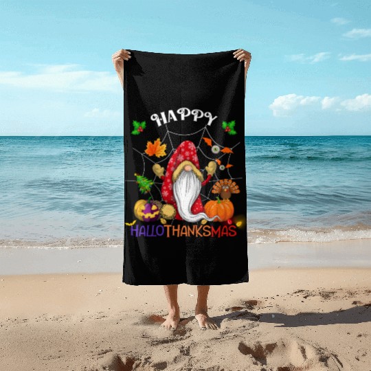 Happy HalloThanksMas Gnome Beach Towels