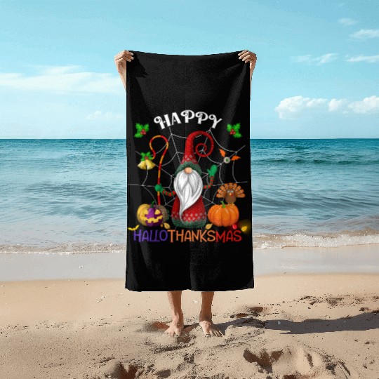 Happy HalloThanksMas Gnome Beach Towels