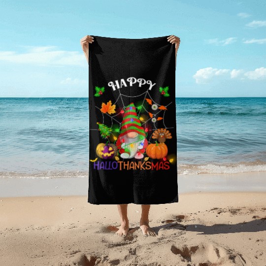 Happy HalloThanksMas Gnome Beach Towels