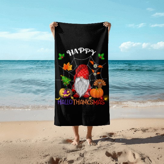 Happy HalloThanksMas Gnome Beach Towels