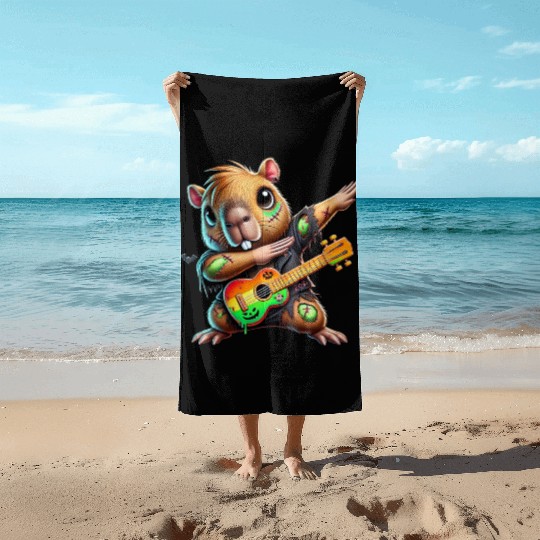 Cute Dabbing Capybara Zombie Squad Guitar Hallowee Beach Towels