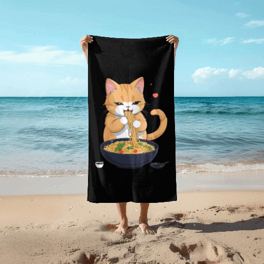 Funny Kawaii Cat Eating Ramen Noodles Japanese Beach Towels